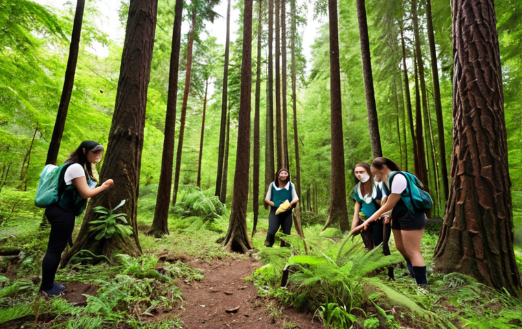 **Experiencing Nature**: Create an image of students participating in a forest conservation program. They should be engaging with the environment, planting trees, and interacting with wildlife. The setting should be vibrant and lush, highlighting the beauty of nature and the students' emotional connection to it.