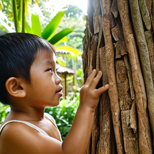**

A young Malaysian child touching the rough bark of a tree in a lush garden, sunlight dappling through the leaves. Focus on the child's expression of wonder and the textures of nature. Consider adding elements of a traditional kampung house in the background.

**