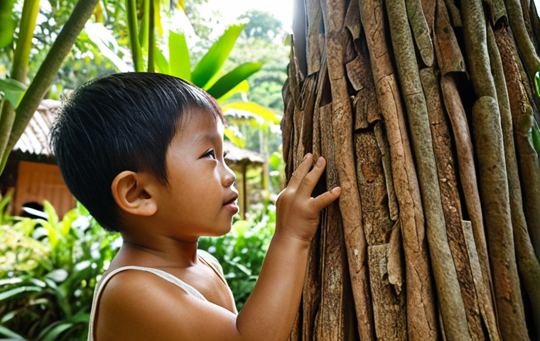 **
A young Malaysian child touching the rough bark of a tree in a lush garden, sunlight dappling through the leaves. Focus on the child's expression of wonder and the textures of nature. Consider adding elements of a traditional kampung house in the background.
**