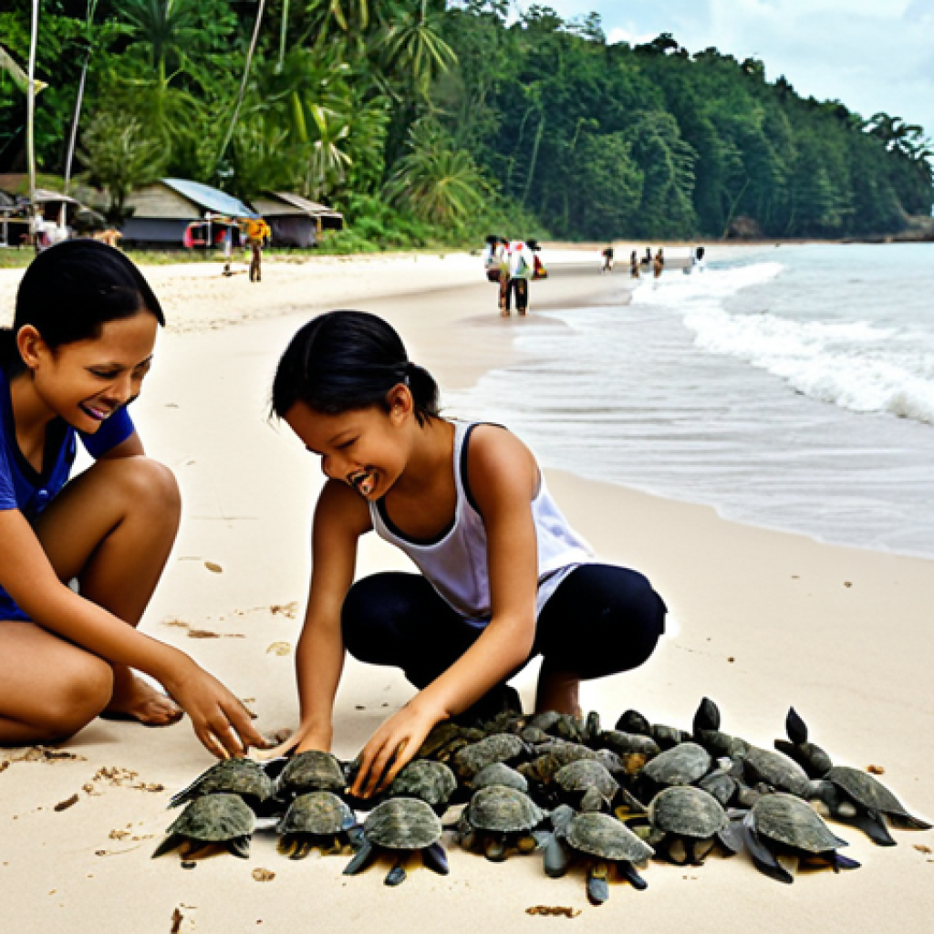 **

*   **Prompt:** "Coastal scene, Cherating, Malaysia. Focus on a sea turtle nesting area. Show local community members and children releasing baby turtles into the ocean. Uplifting, educational atmosphere. Keywords: sea turtle conservation, community involvement, Malaysia, Cherating, environmental education, happy children, responsible tourism."

**