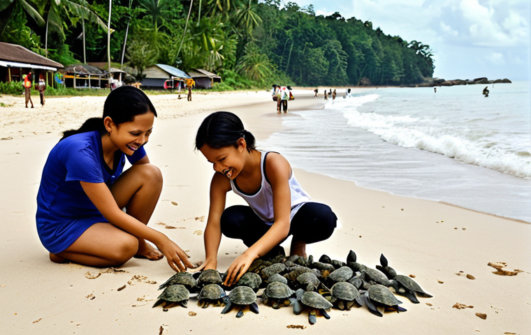 **

*   **Prompt:** "Coastal scene, Cherating, Malaysia. Focus on a sea turtle nesting area. Show local community members and children releasing baby turtles into the ocean. Uplifting, educational atmosphere. Keywords: sea turtle conservation, community involvement, Malaysia, Cherating, environmental education, happy children, responsible tourism."

**
