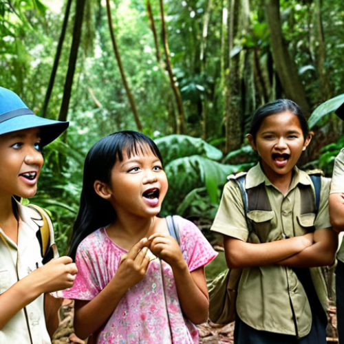 **

A group of Malaysian children enthusiastically participating in a jungle trekking activity in Taman Negara. Show them observing wildlife, guided by a park ranger. Focus on their expressions of wonder and excitement.

**