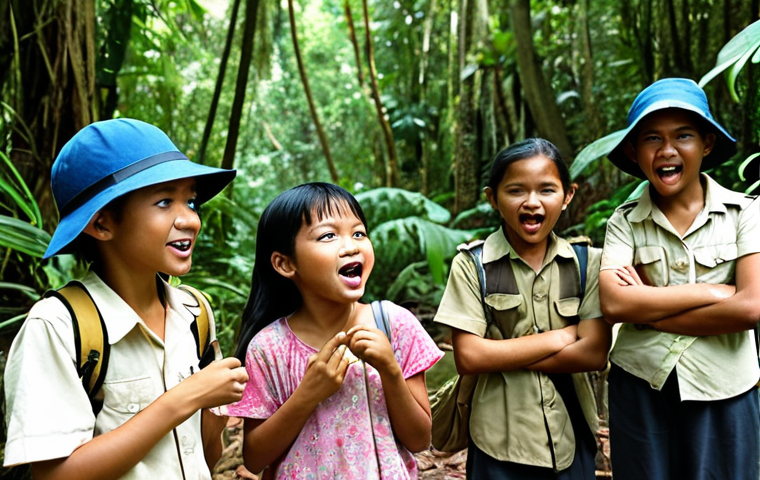 **

A group of Malaysian children enthusiastically participating in a jungle trekking activity in Taman Negara. Show them observing wildlife, guided by a park ranger. Focus on their expressions of wonder and excitement.

**