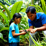 A group of diverse Malaysian children, both boys and girls aged 7-10, fully clothed in modest, comfortable outdoor attire. They are actively engaged in hands-on exploration within a vibrant tropical garden or a lush forest edge in Malaysia. One child is keenly observing a plant with a magnifying glass, while another is gently interacting with the soil using small gardening tools. Sunlight filters through the dense foliage, creating a warm and inviting atmosphere that highlights their curiosity and discovery. Perfect anatomy, correct proportions, natural pose, well-formed hands, proper finger count, natural body proportions. High-quality professional photography, natural lighting, shallow depth of field, vivid colors. Safe for work, appropriate content, fully clothed, family-friendly.