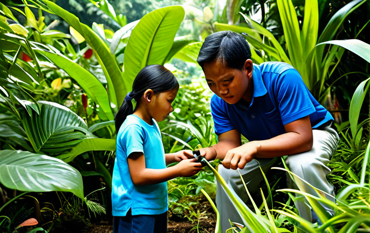 A group of diverse Malaysian children, both boys and girls aged 7-10, fully clothed in modest, comfortable outdoor attire. They are actively engaged in hands-on exploration within a vibrant tropical garden or a lush forest edge in Malaysia. One child is keenly observing a plant with a magnifying glass, while another is gently interacting with the soil using small gardening tools. Sunlight filters through the dense foliage, creating a warm and inviting atmosphere that highlights their curiosity and discovery. Perfect anatomy, correct proportions, natural pose, well-formed hands, proper finger count, natural body proportions. High-quality professional photography, natural lighting, shallow depth of field, vivid colors. Safe for work, appropriate content, fully clothed, family-friendly.